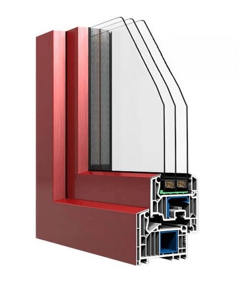 A red window with three layers of glass