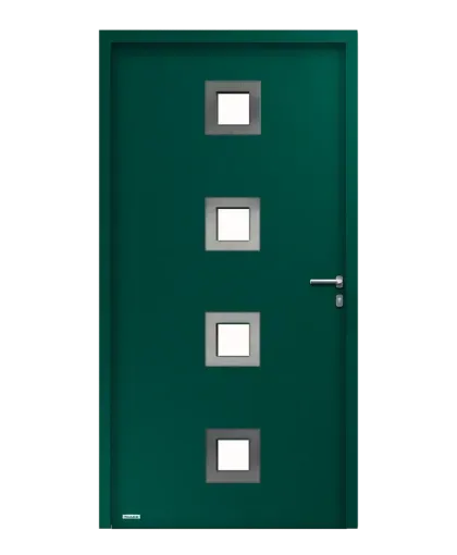 A green door with squares on it on a white background.