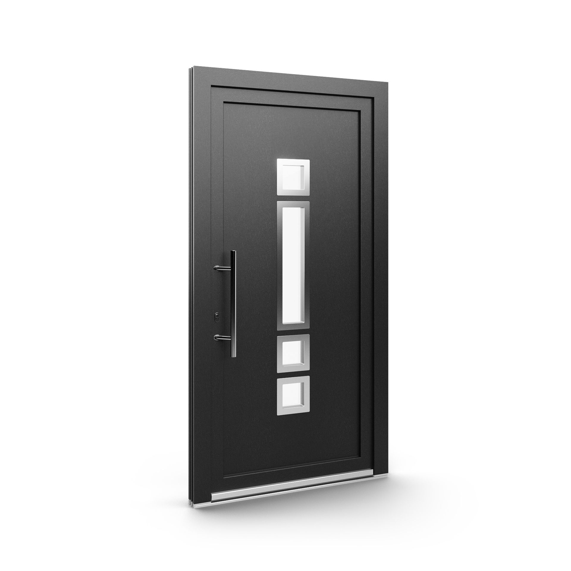 A black door with squares on it and a handle on a white background.