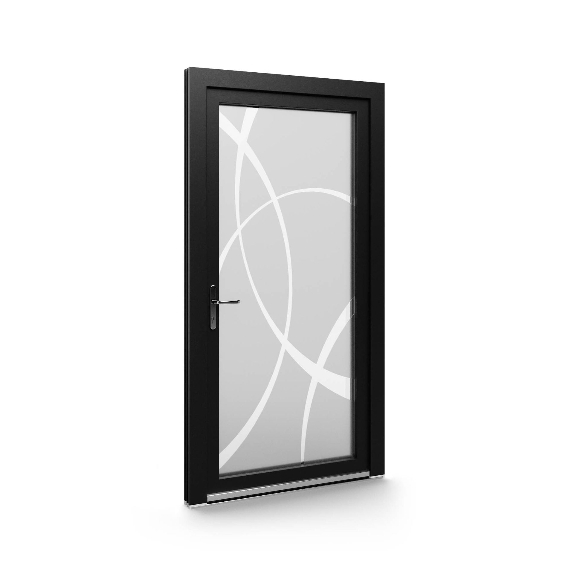 A black door with a white design on the glass on a white background.