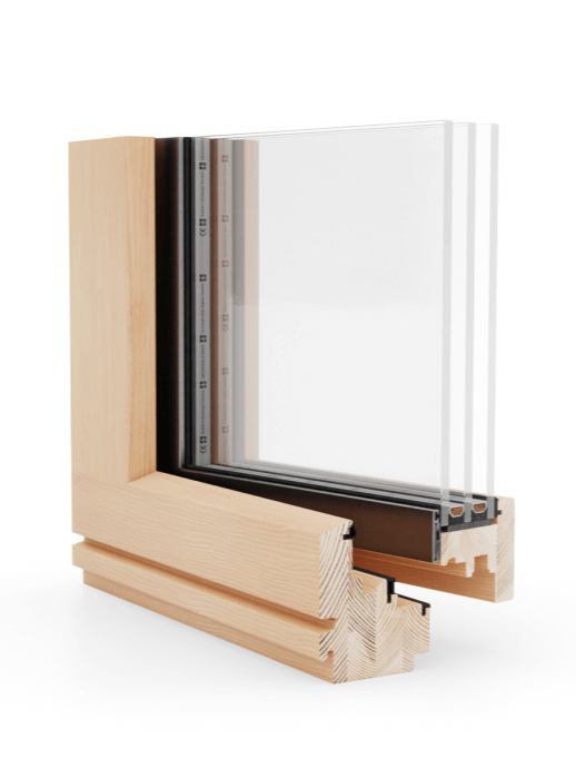 A wooden window frame with a clear glass window