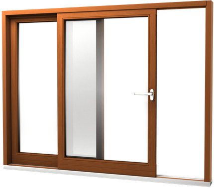 A sliding glass door with a wooden frame on a white background