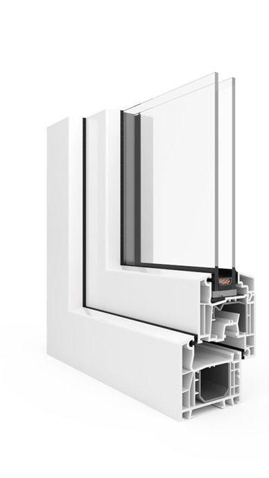 A close up of a white plastic window frame on a white background.