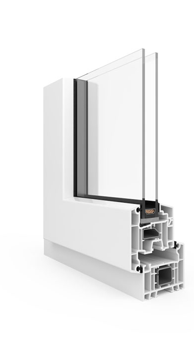 A close up of a white plastic window on a white background.