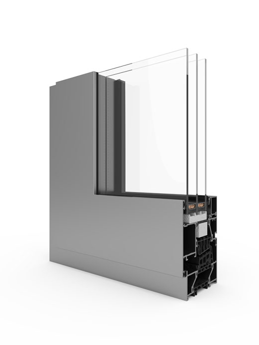 A 3d model of a sliding window with three layers of glass.