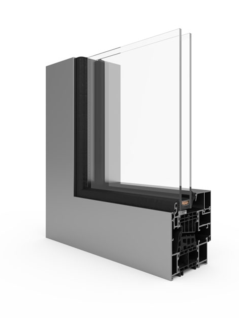 A 3d rendering of a sliding glass window with a black frame on a white background.