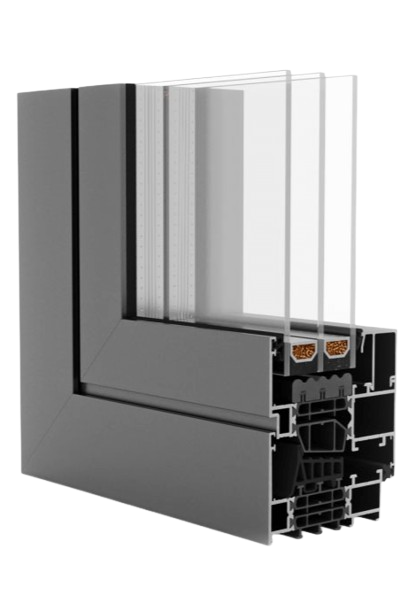 A close up of a window with three layers of glass on a white background.