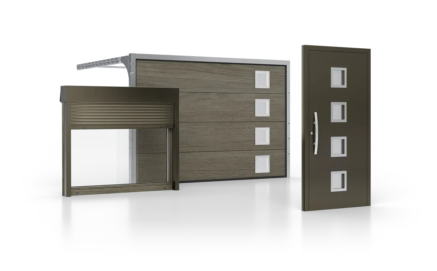 A group of garage doors , a window , and a door on a white surface.