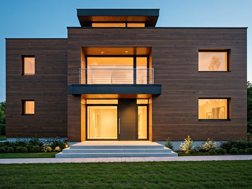 A modern wooden house with a lot of windows and stairs.