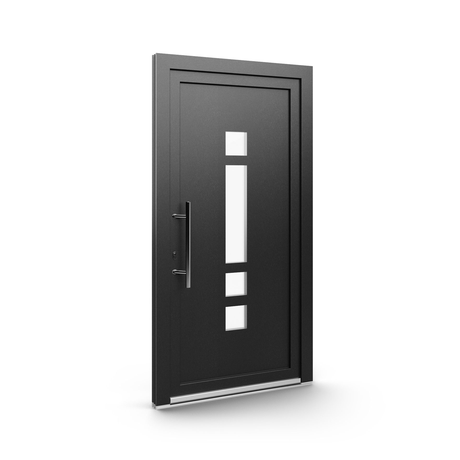 A black door with a handle on a white background.