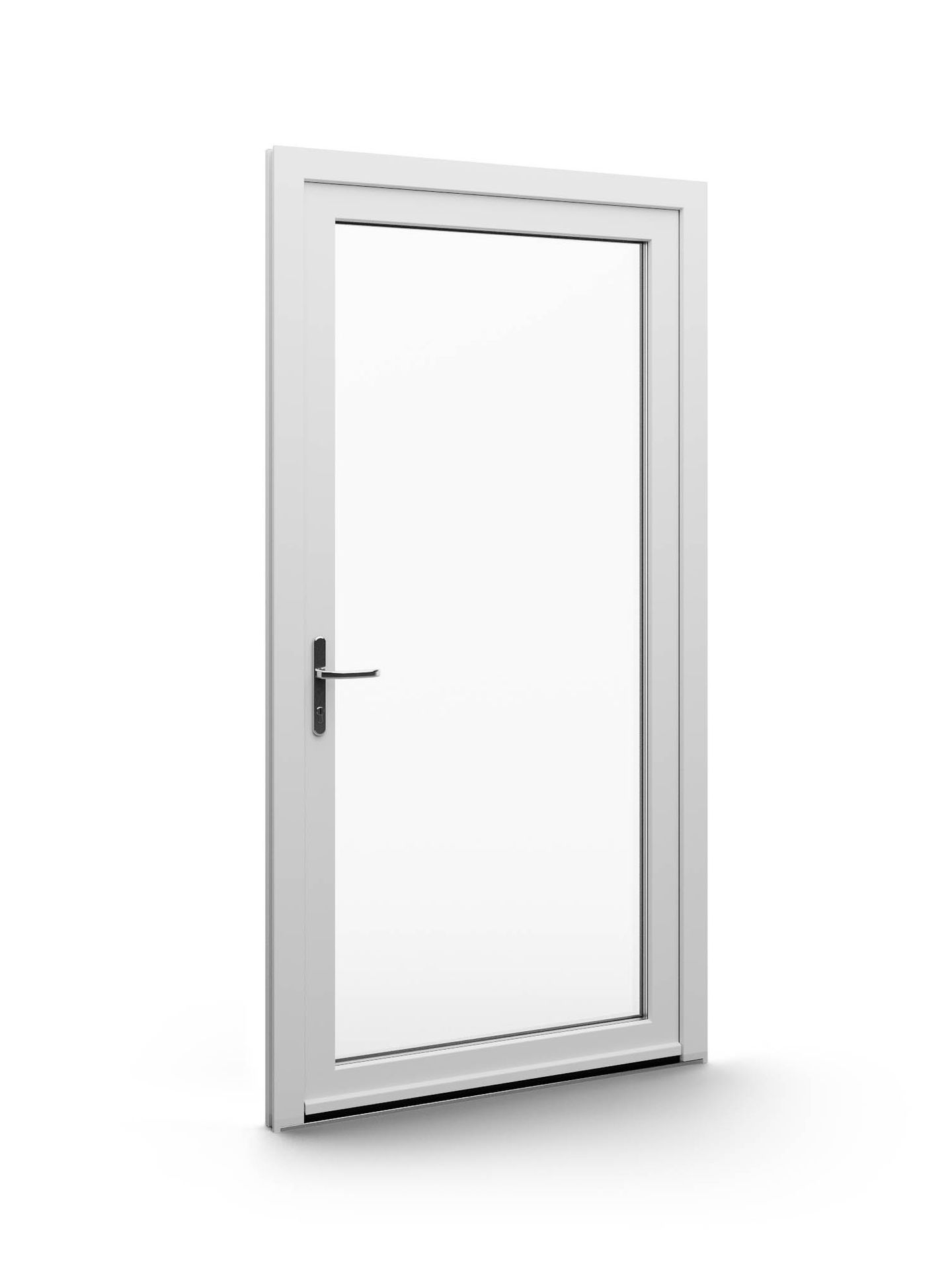 A white door with a handle on a white background.