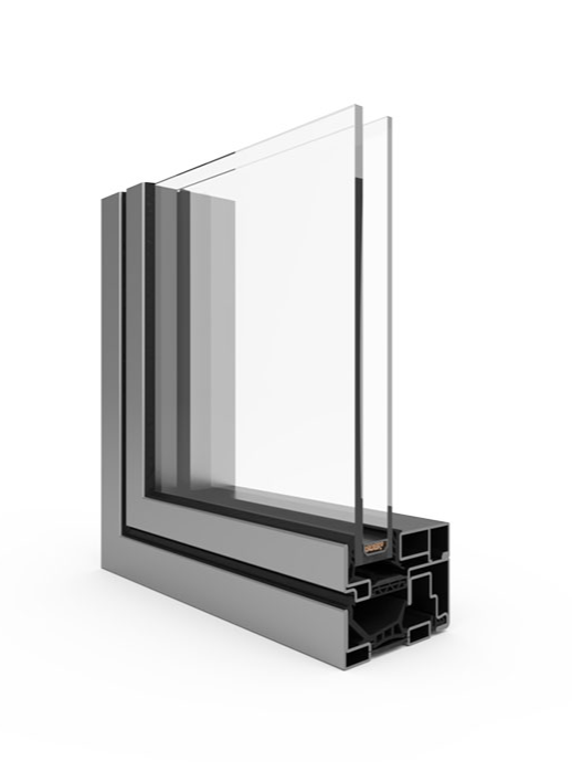 A close up of a window with a gray frame and clear glass on a white background.
