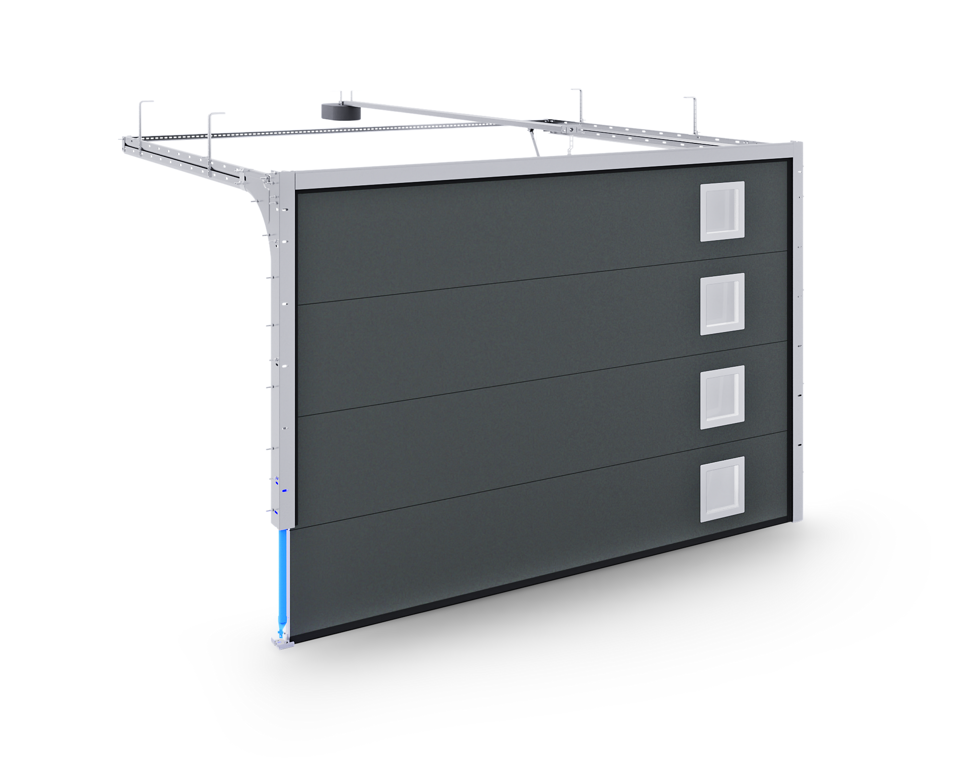 A gray garage door with squares on it on a white background.