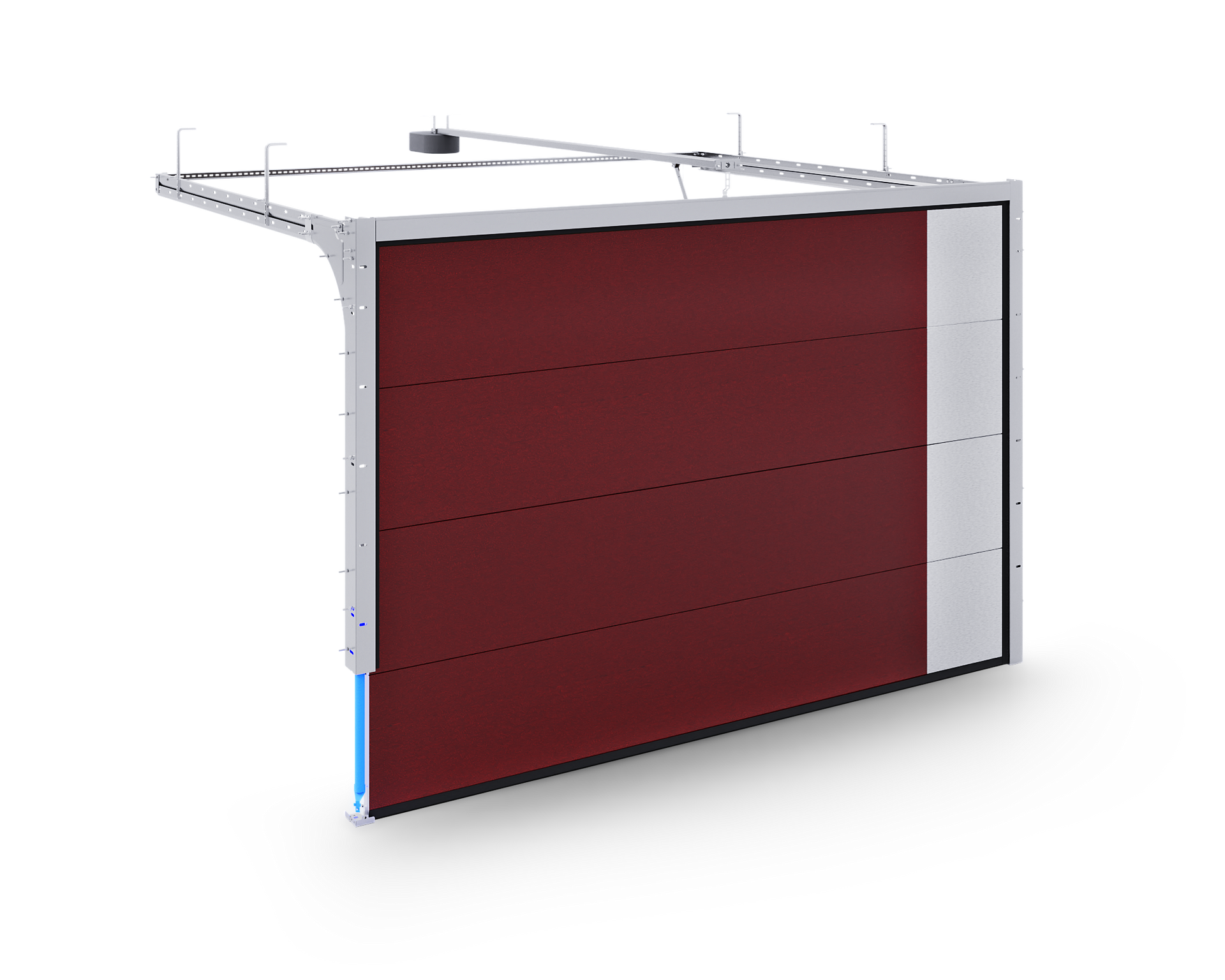 A red garage door with a white frame on a white background.