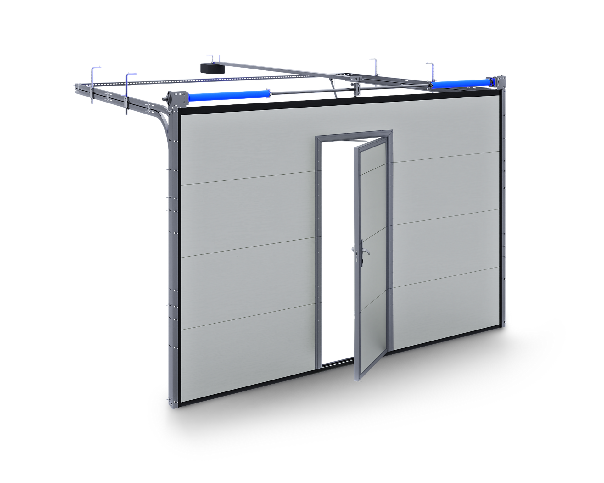 A garage door with a door open on a white background.