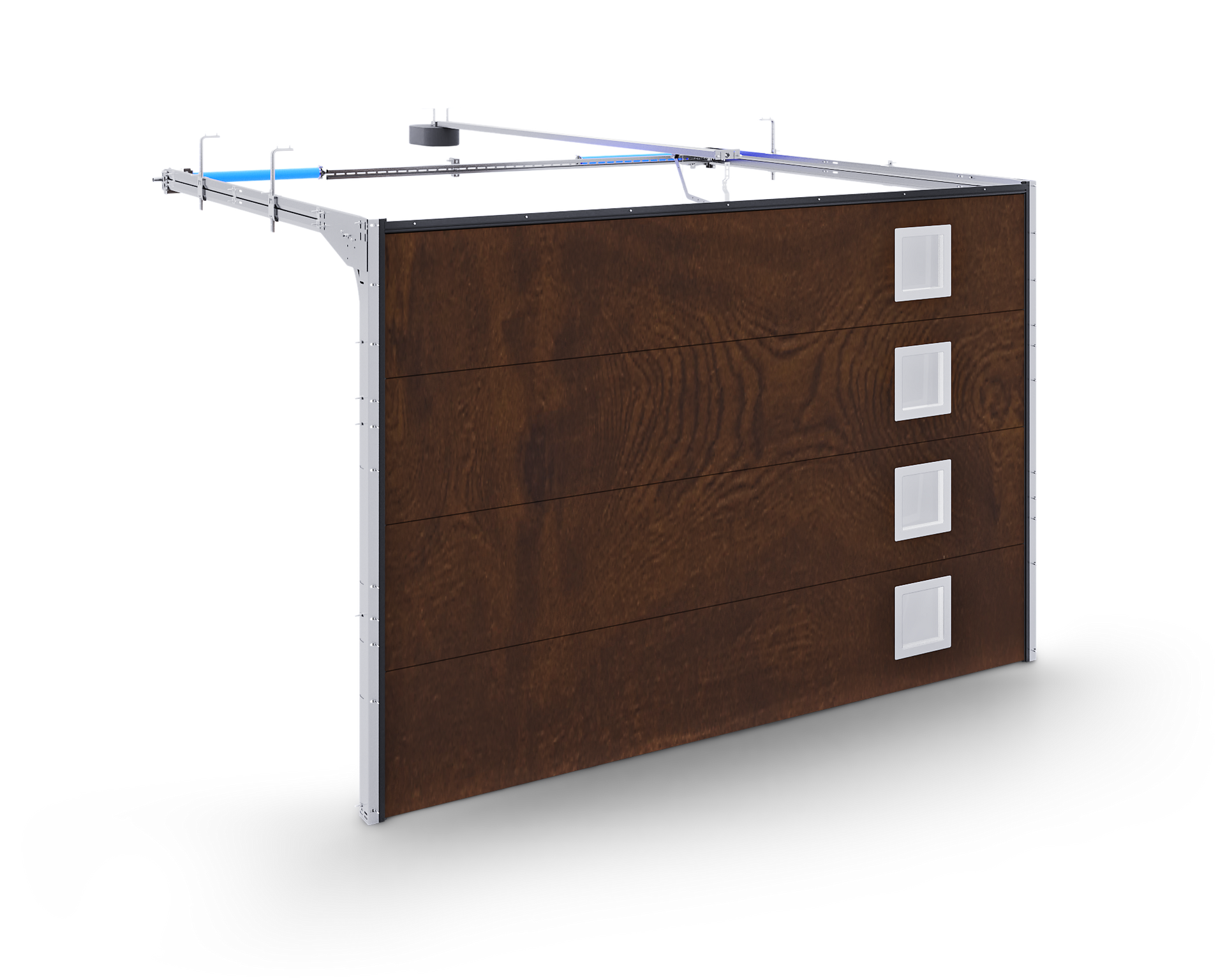 A brown garage door with four squares on it