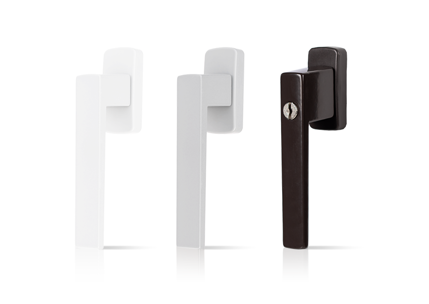 A white , brown and black window handle on a white background.