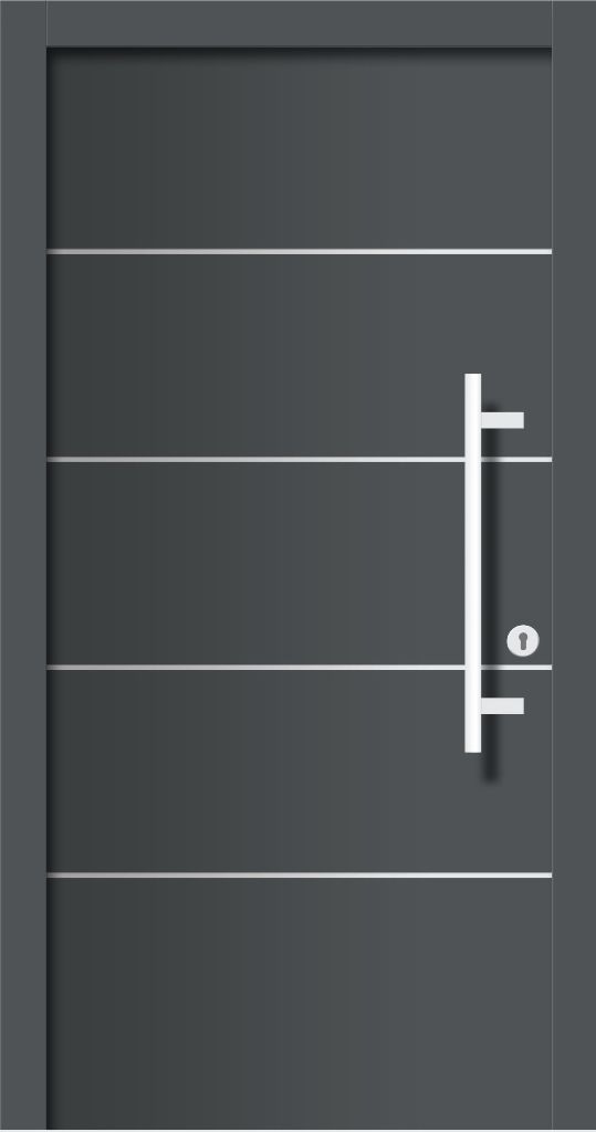 A gray door with a stainless steel handle and lines on it.