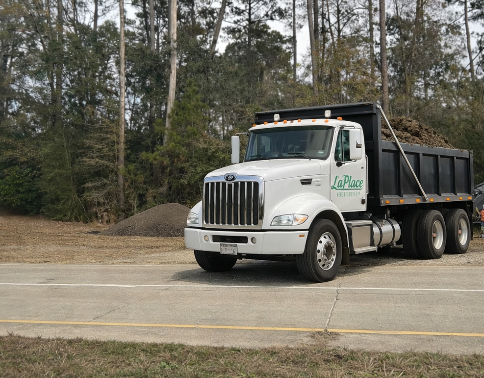 White dump truck on a roadside beside trees and gravel piles