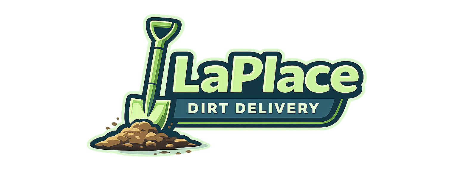 LaPlace Dirt Delivery logo with green shovel and dirt pile on white background
