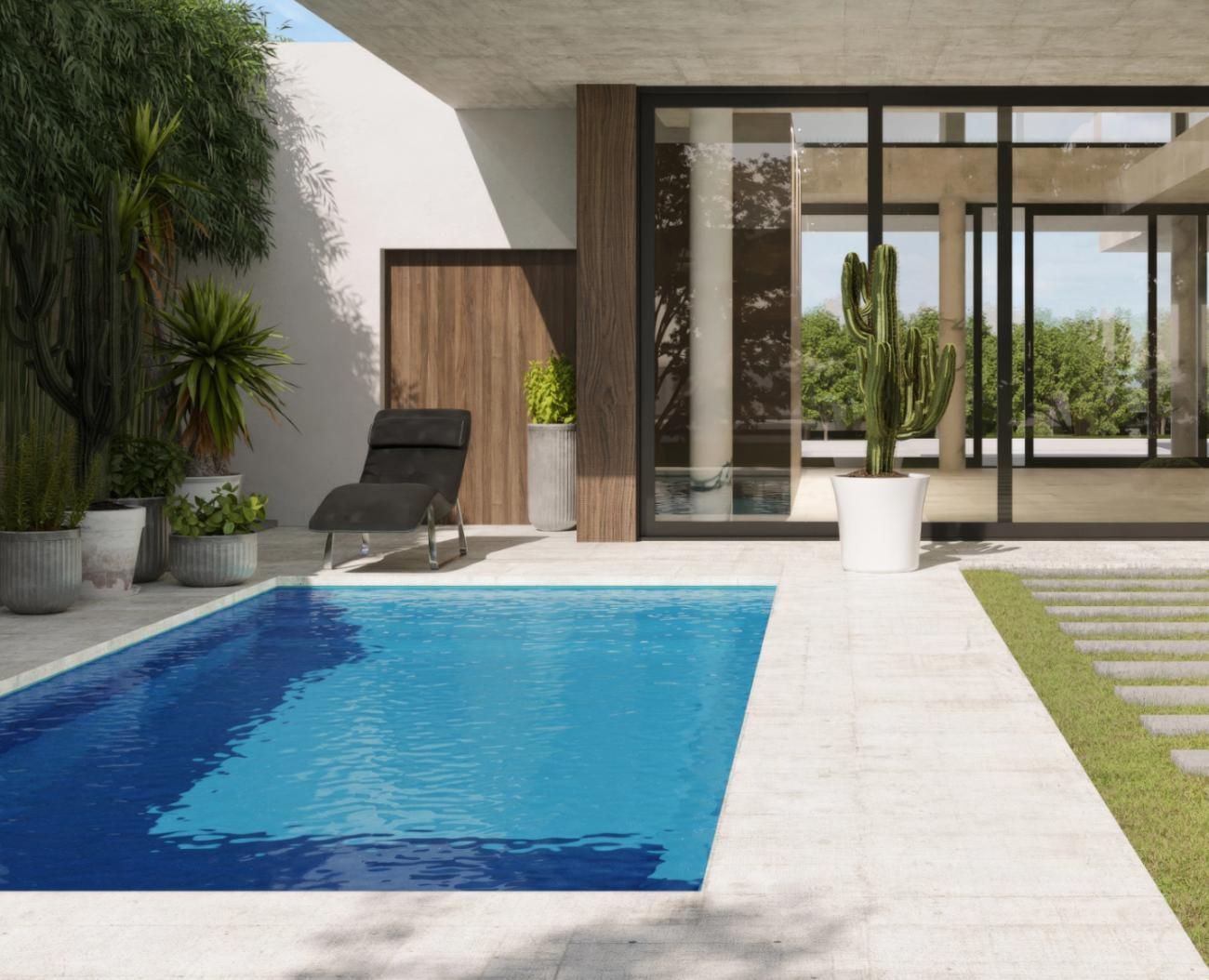 Modern home with a private outdoor swimming pool & landscaped garden beside a contemporary exterior.