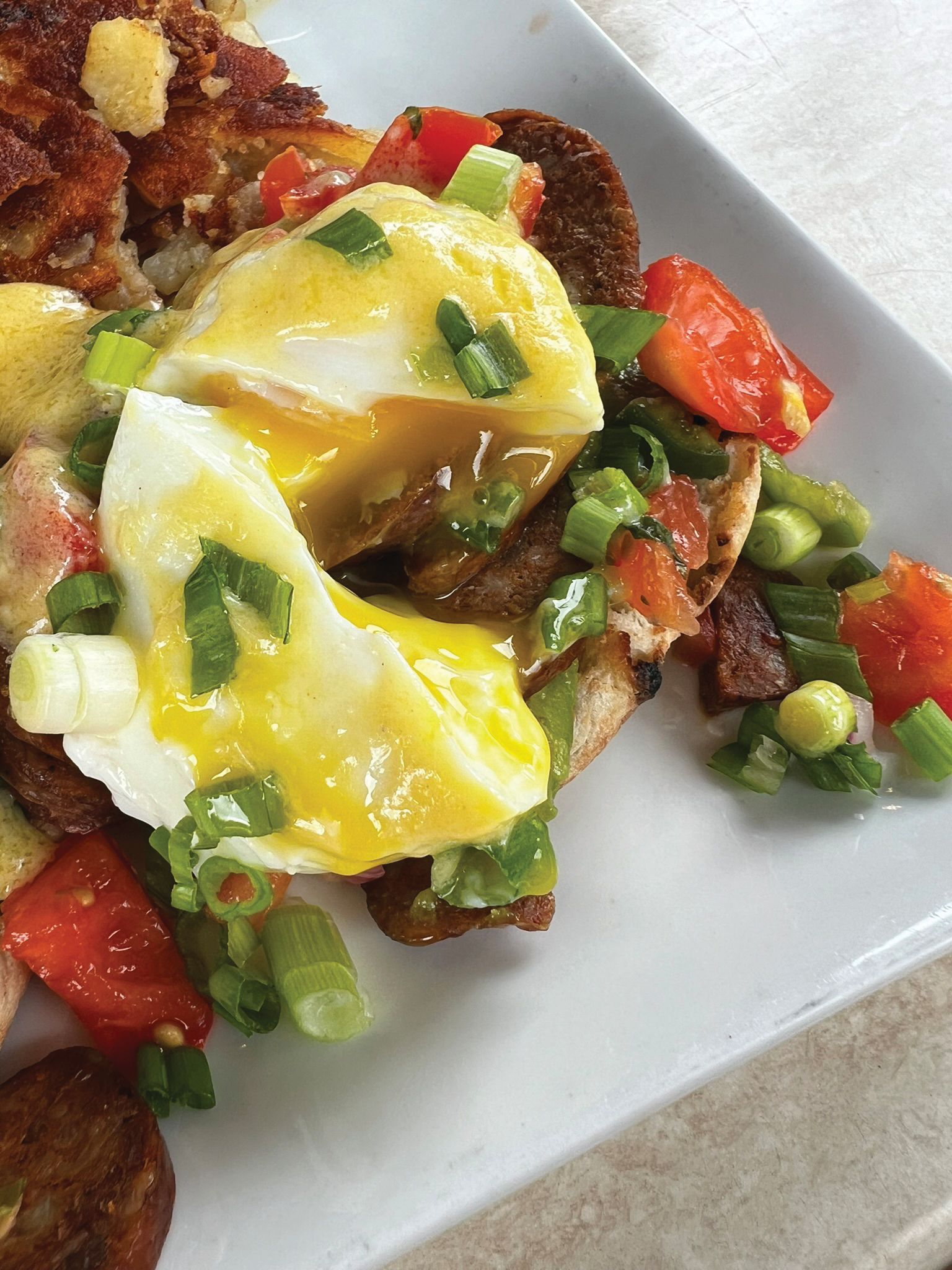 Eggs benedict with hollandaise, diced tomatoes, and green onions on toast on a white plate