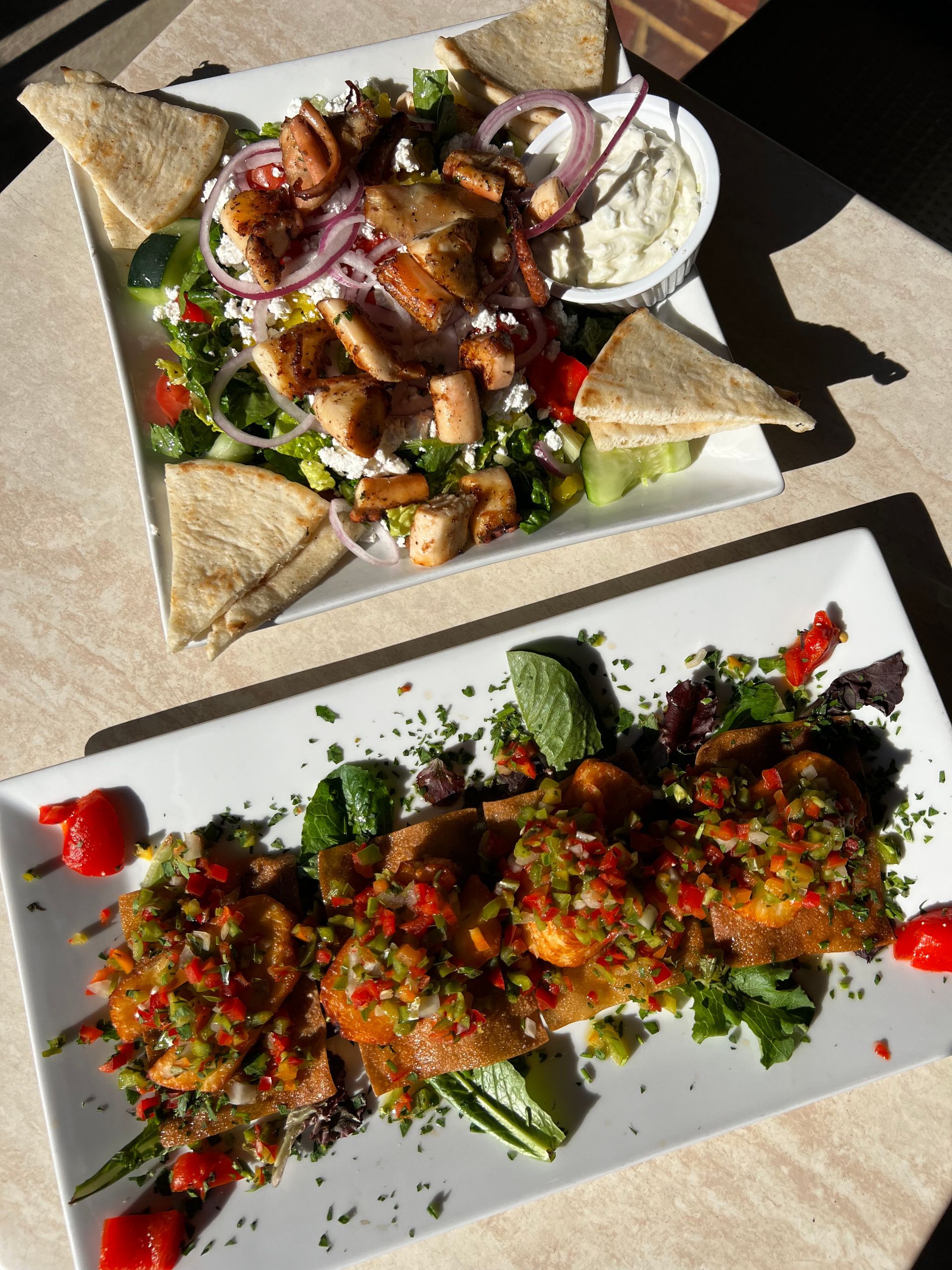 Two platters of grilled skewers and Mediterranean-style appetizers on a sunlit table