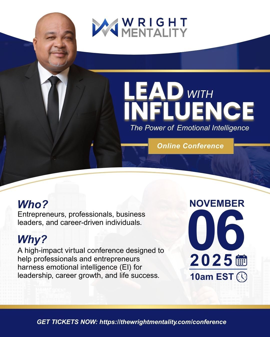 Wright Mentality webinar flyer with speaker portrait, “Lead with Influence,” November 6, 2025, 10am EST