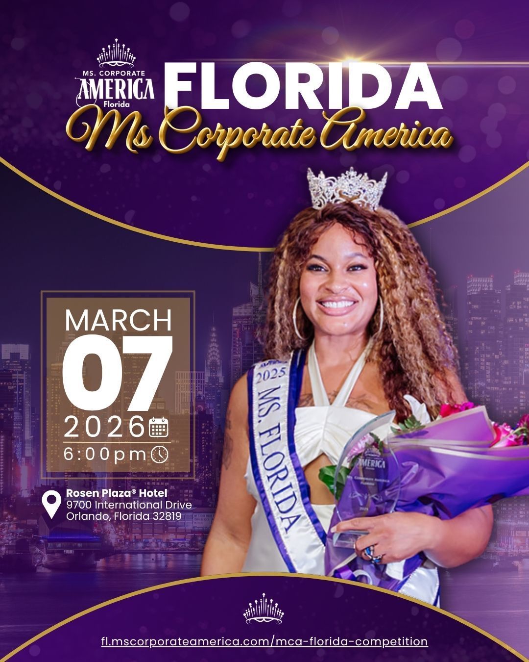 Miss Florida Ms Corporate America pageant poster with smiling sash-wearing winner holding flowers, March 7, 2026