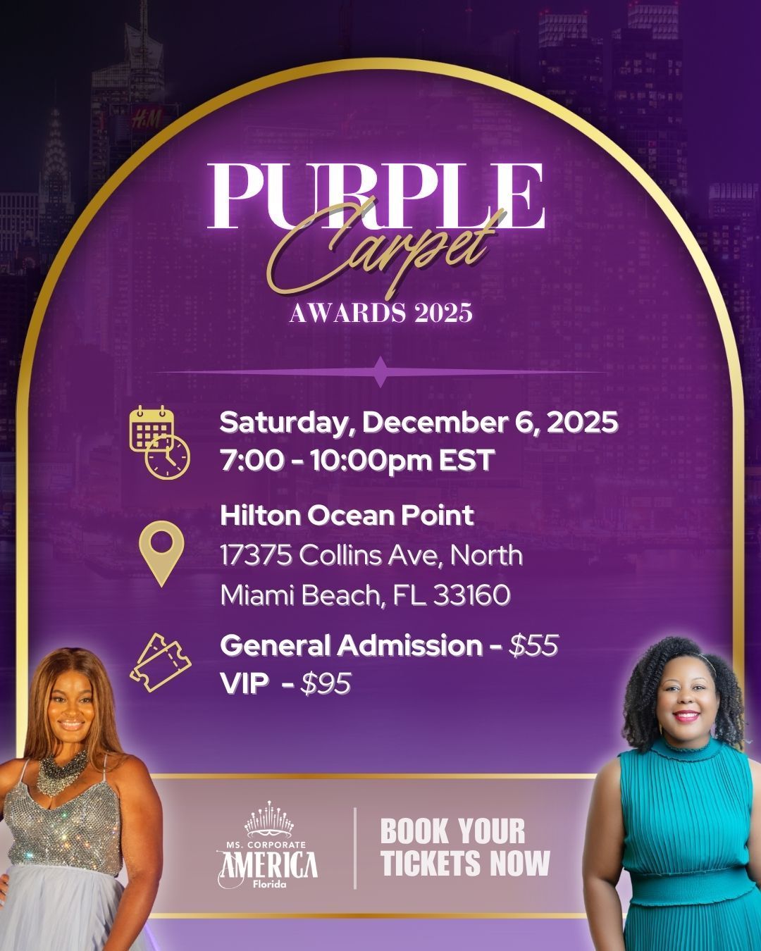 Purple Carpet Awards 2025 flyer with date, Hilton Ocean Point venue, ticket prices, and book your tickets now.
