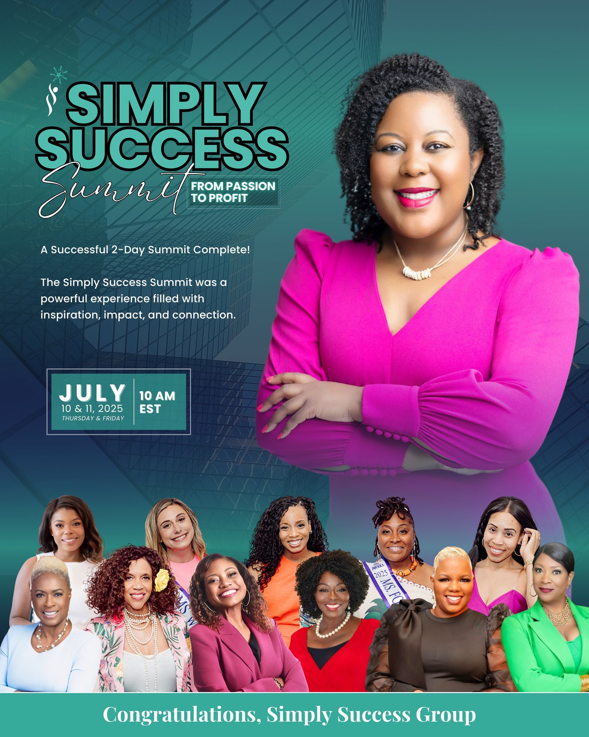 Simply Success Group event poster with a woman in pink, teal background, and smaller speaker photos below