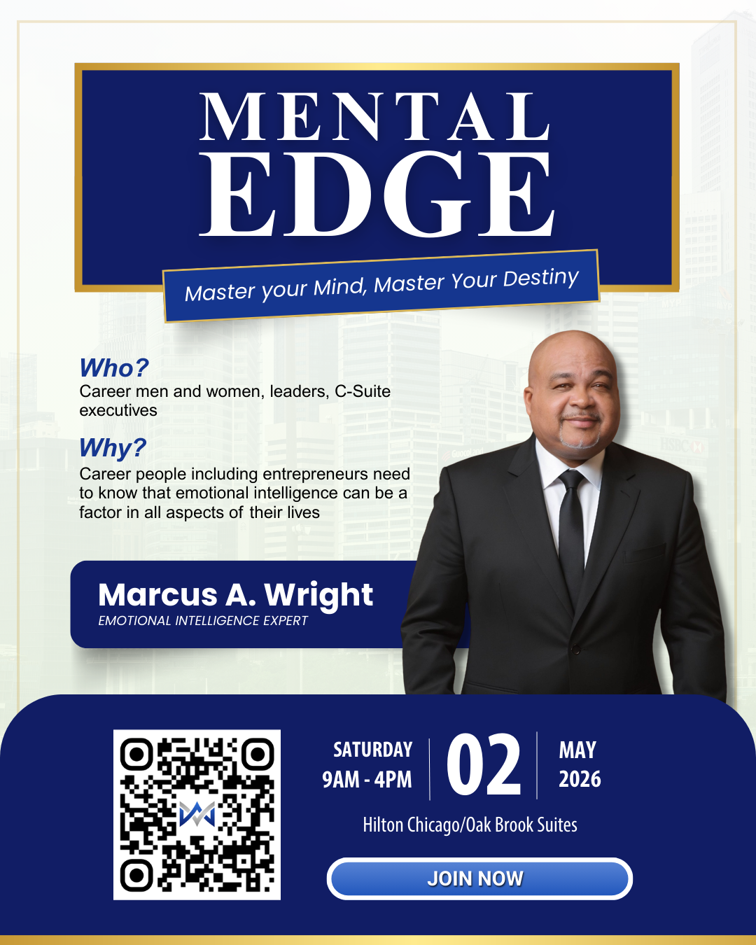 Mental Edge seminar poster with speaker portrait, QR code, and “Join Now” button, blue and gold theme