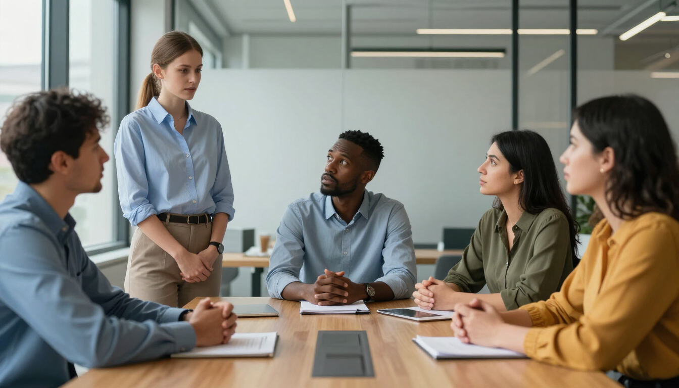 Small team in a meeting around a table, with one person standing and speaking in an office conference room