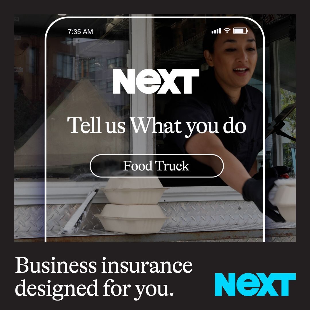 Advertisement for business insurance. Woman in food truck. Text: