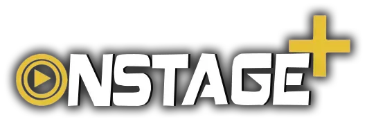 ONSTAGE+ logo in white and yellow with a play button icon on a gray background