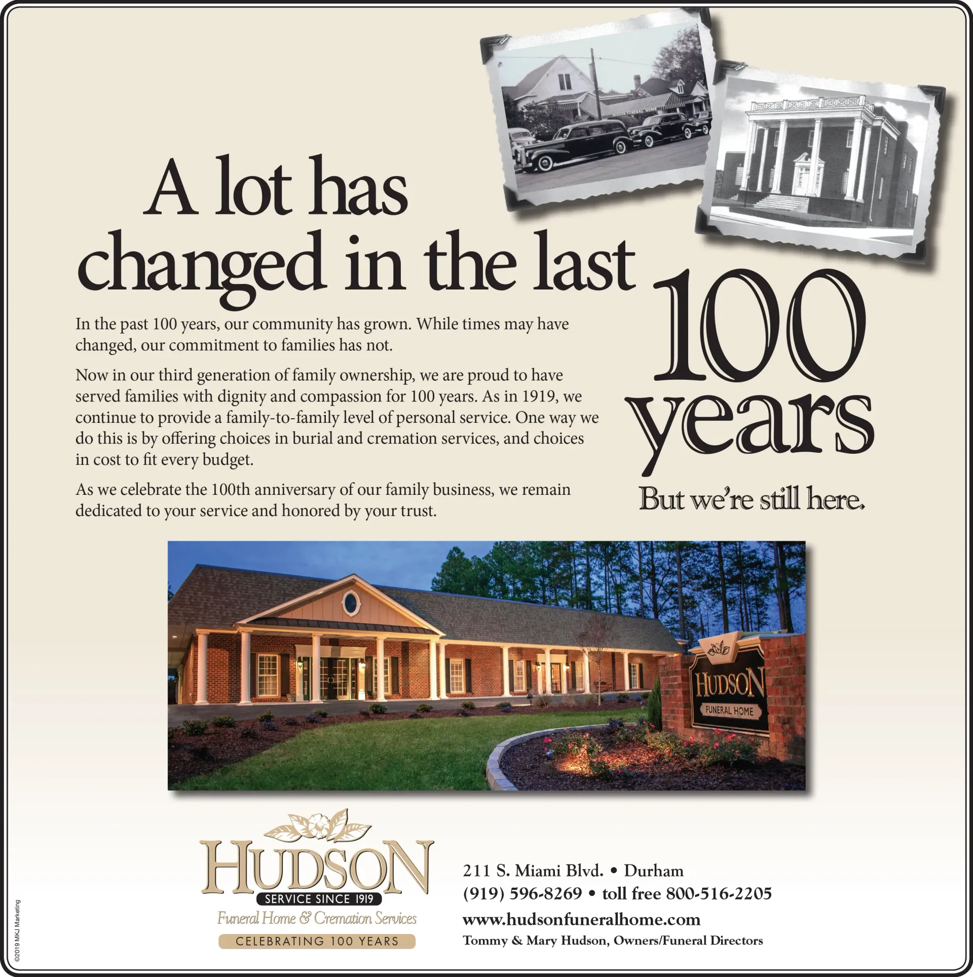 Historical brochure cover reading “A lot has changed in the last 100 years,” with old photos and a modern building