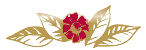 Gold floral leaf design with a red flower centered between two mirrored leaves