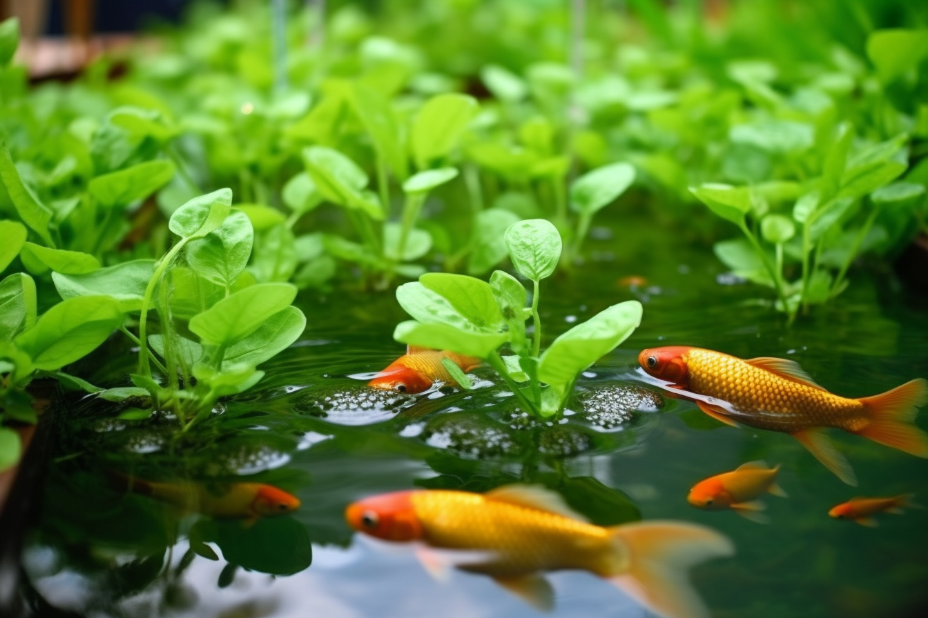 A group of goldfish are swimming in a pond surrounded by greenery.