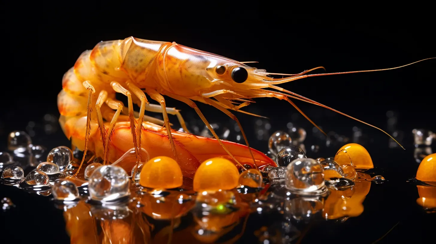 A shrimp is sitting on top of a pile of ice cubes.