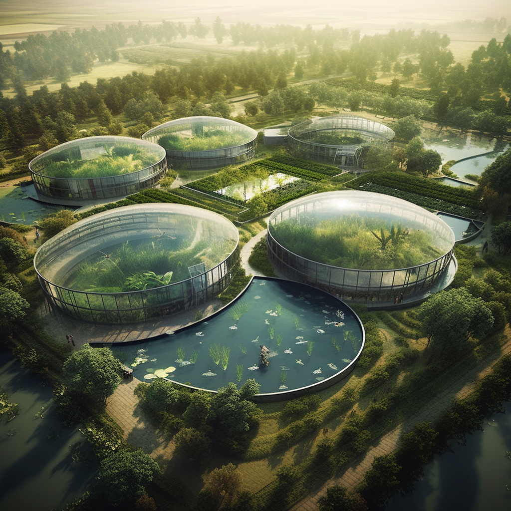 An aerial view of a greenhouse surrounded by water and trees