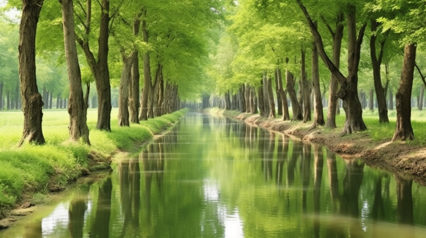 A river running through a forest with trees on both sides.