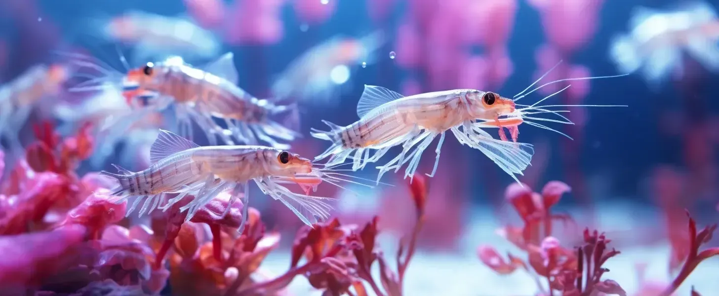 Goldex A group of shrimp are swimming in a tank surrounded by pink corals.
