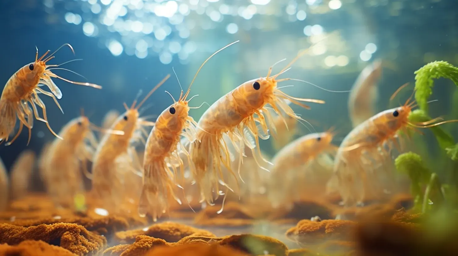 A group of shrimp are swimming in a tank of water.