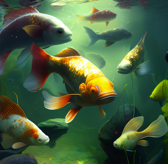 A group of fish are swimming together in a tank