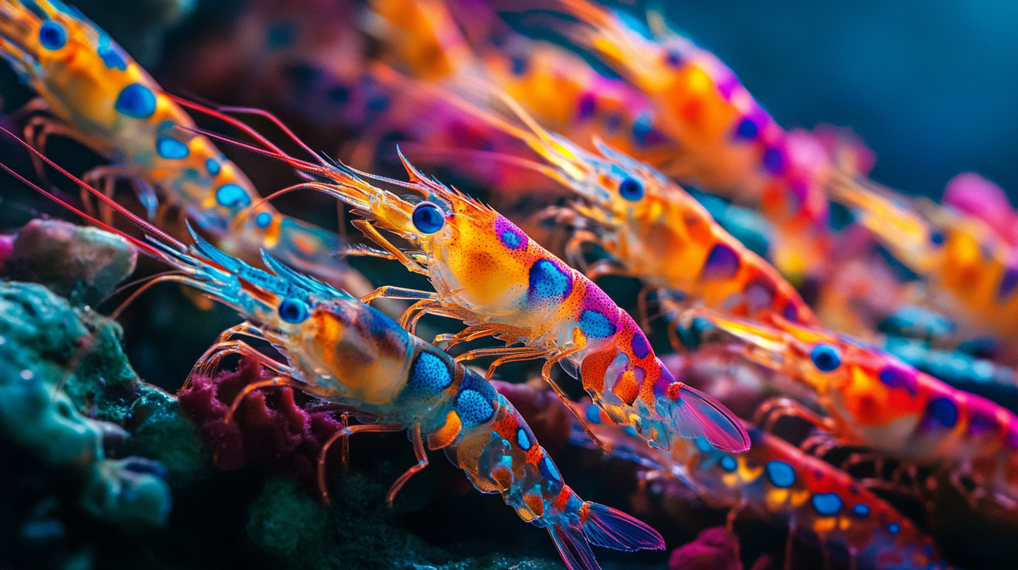Goldex A group of shrimp are swimming in a tank surrounded by pink corals.