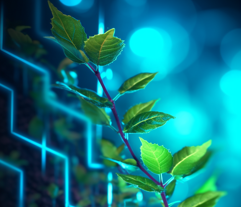 A plant with green leaves against a blue background
