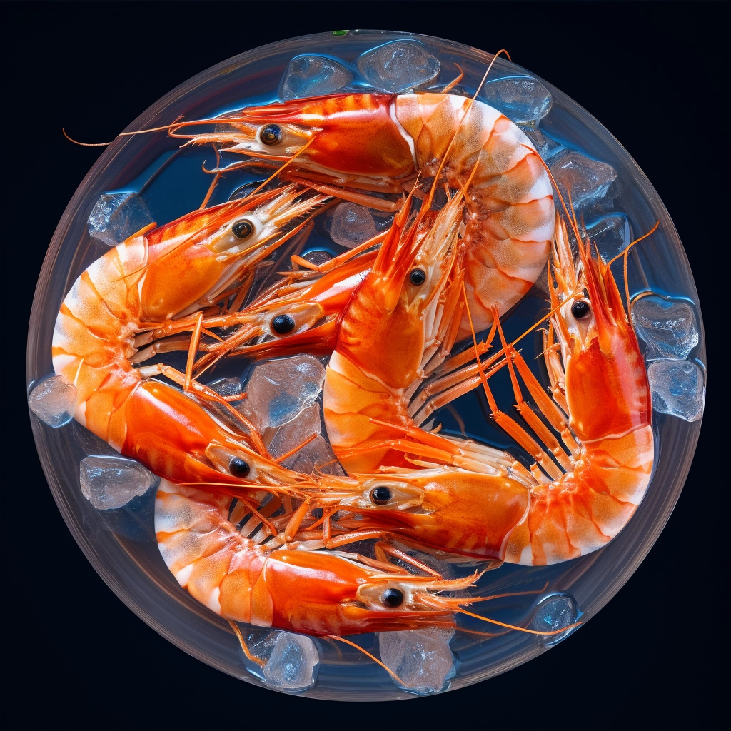 Oxy Boosx A plate of shrimp and ice on a black background