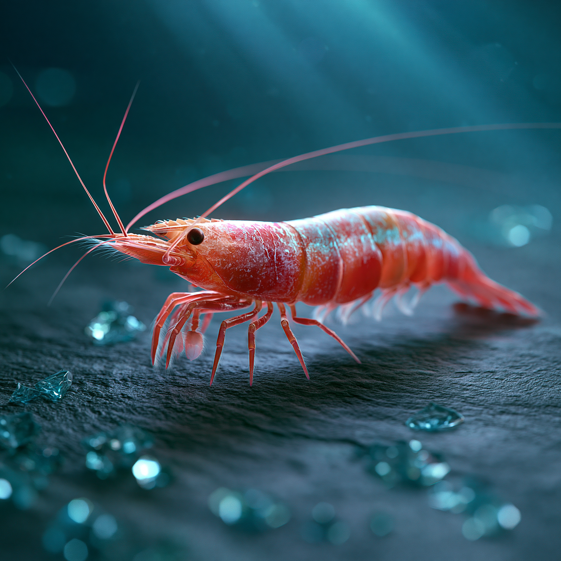 Goldex A group of shrimp are swimming in a tank surrounded by pink corals.