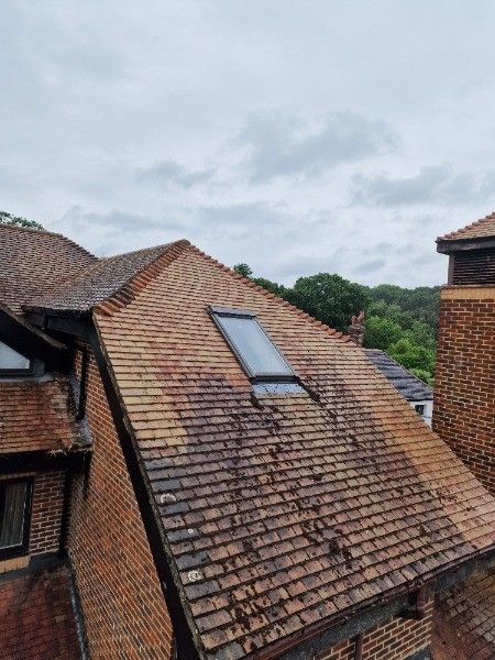Clay tile roof with skylight against a cloudy sky, trees in the distance.