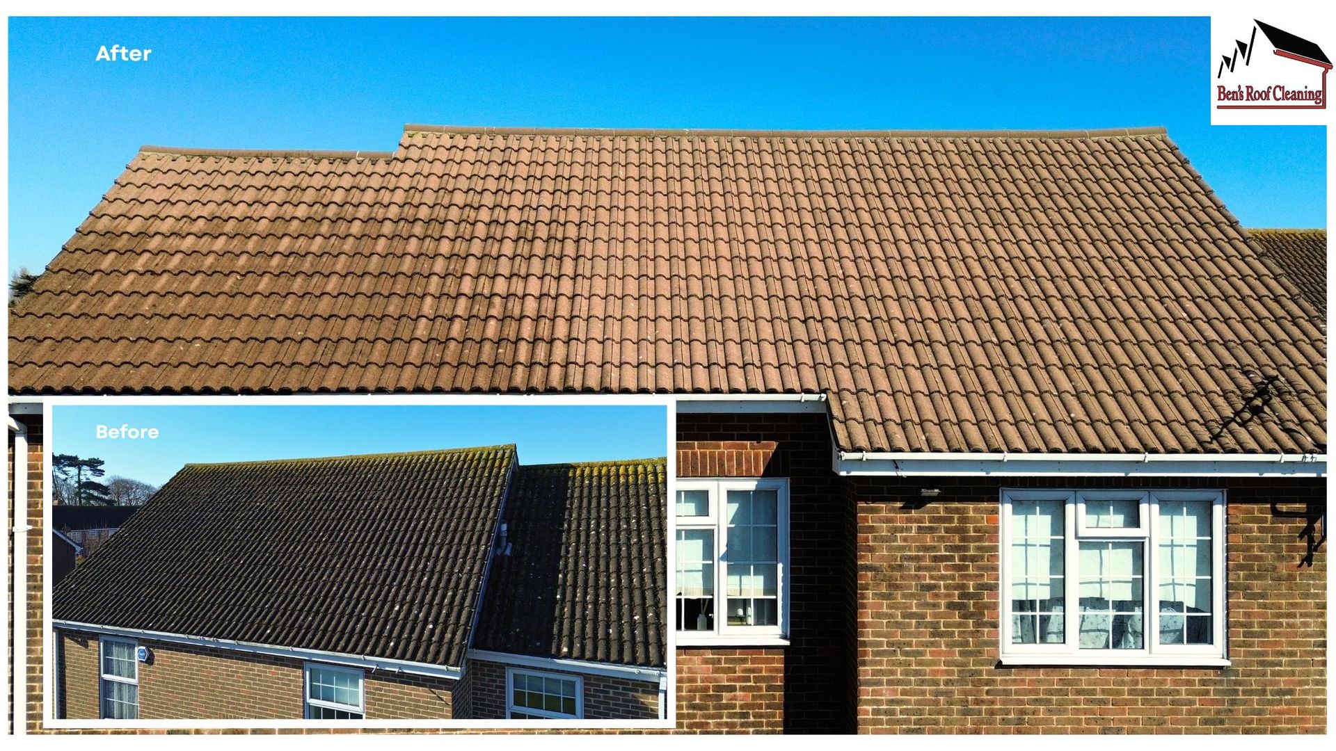 Before/after roof cleaning comparison. Clean brown tiled roof against blue sky, beside a brick building.